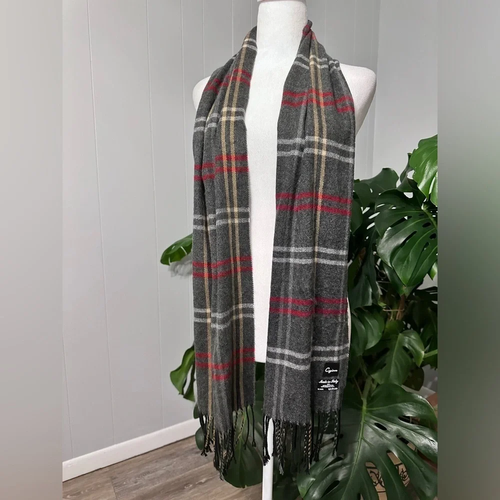 🧣 Unisex Cjon 100% Acrylic gray, red, white plaid scarf 64” long 21” wide